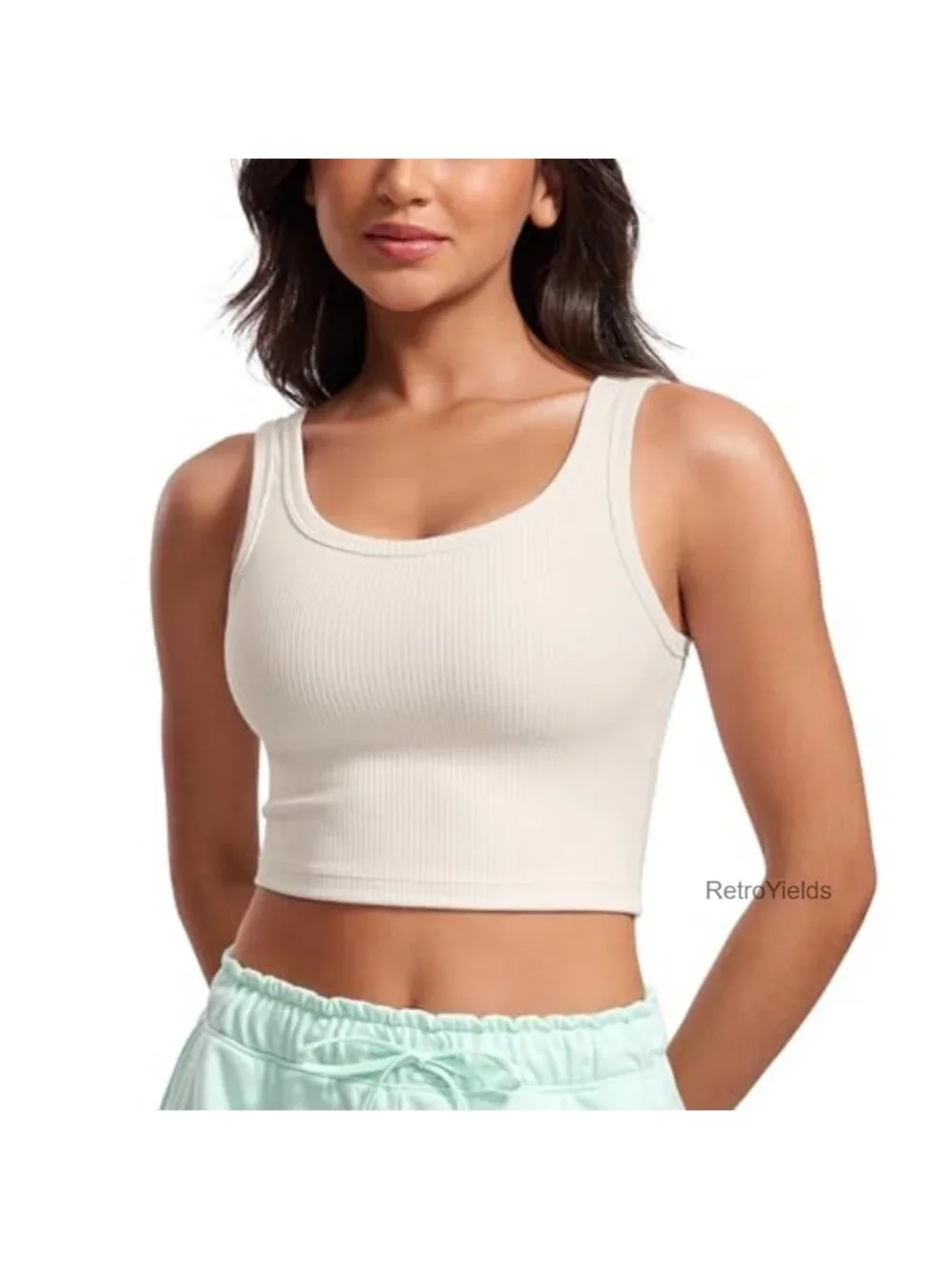 Women's Ribbed U Neck Crop Tank Top with Built in Bra Removable Pads